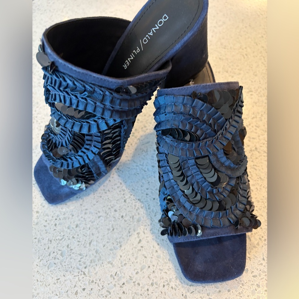 Navy Blue Block Heel Open Toe Slide Sandals Leather & Suede With Sequin Design - Picture 14 of 15